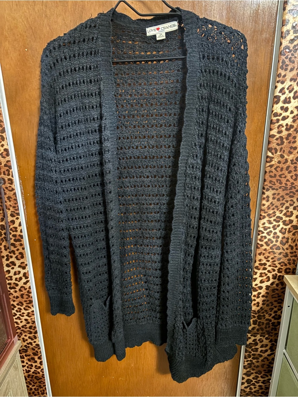Love Open Knit Black Cardigan with Front Pockets